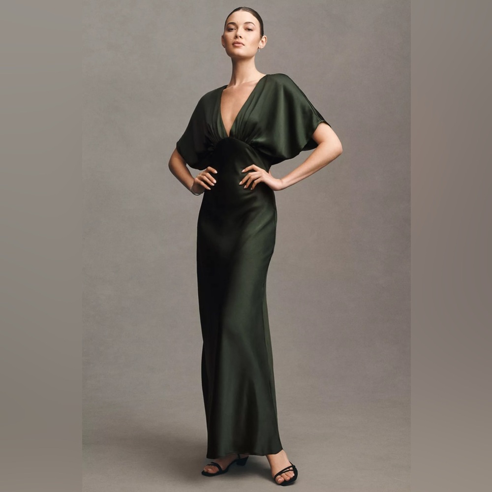 BHLDN Amelia Satin A-Line Gown | Forest Green | US 14 | NWT